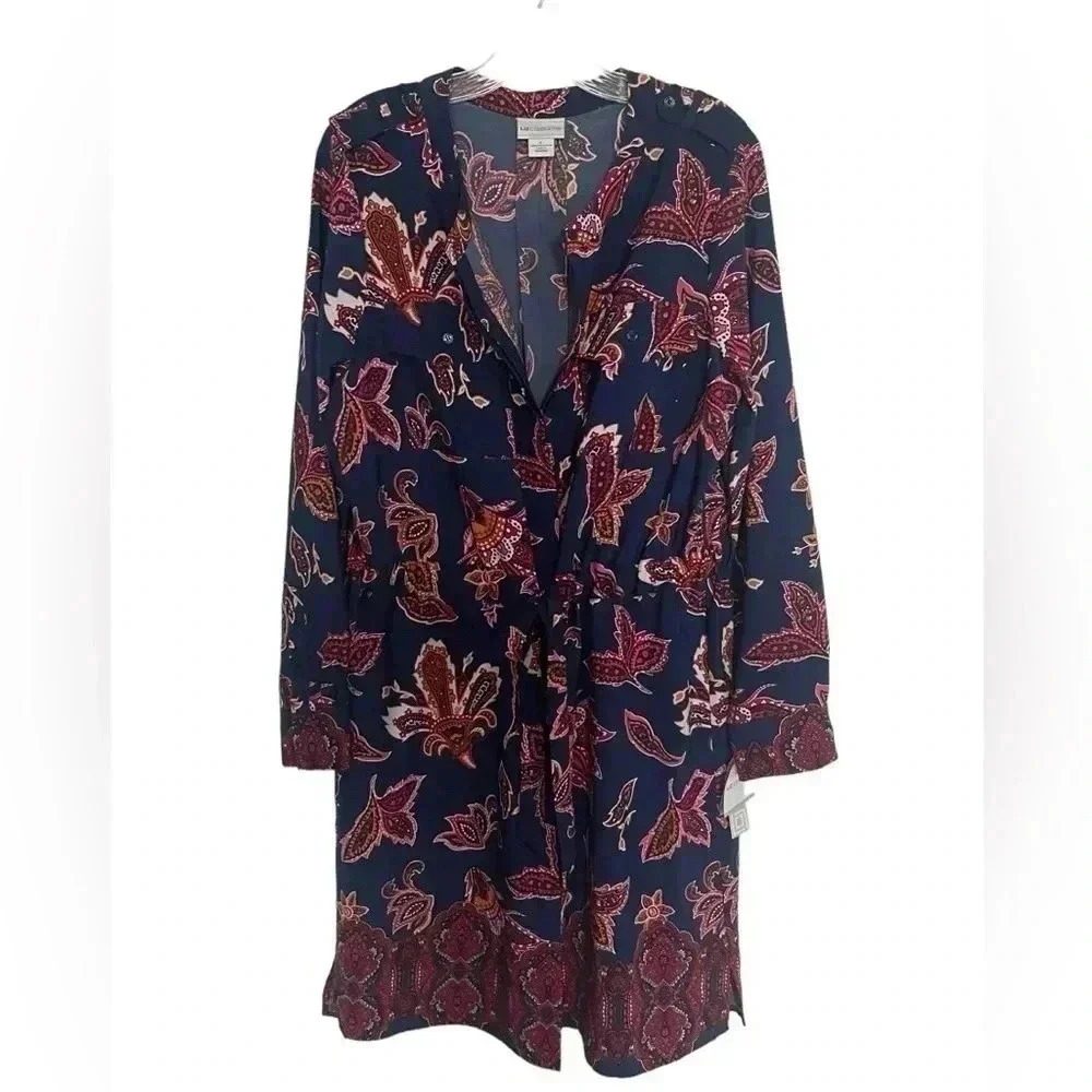 Liz Claiborne Vintage Paisley Shirt Dress Navy Floral Midi Large - Picture 2 of 8